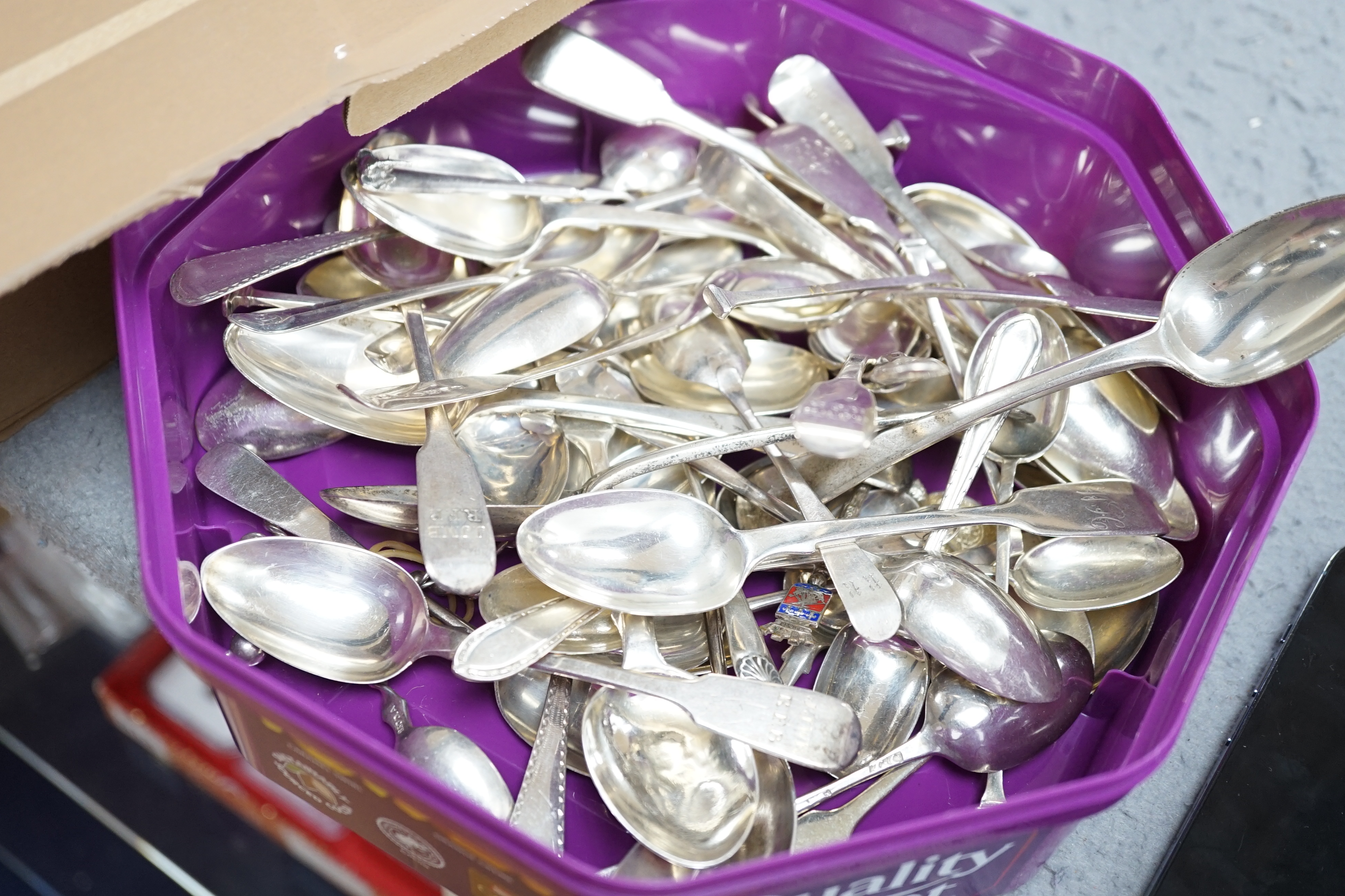 A quantity of assorted 18th century and later flatware, mainly teaspoons including a set of six base mark teaspoons, caddy spoon, etc, 32.7oz and eight plated spoons.